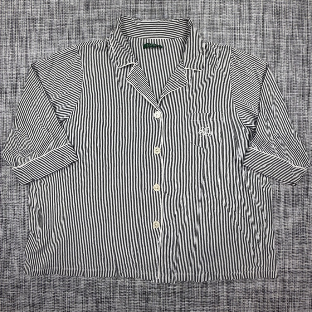 Lauren Ralph Lauren Womens Pajama Top Approx 2X Navy White Striped Piped Shirt